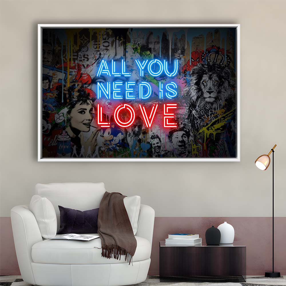 All You Need Is Love Art Print, Framed Canvas Print Wall Art Decor, Floating Frame, Neon Effect Art