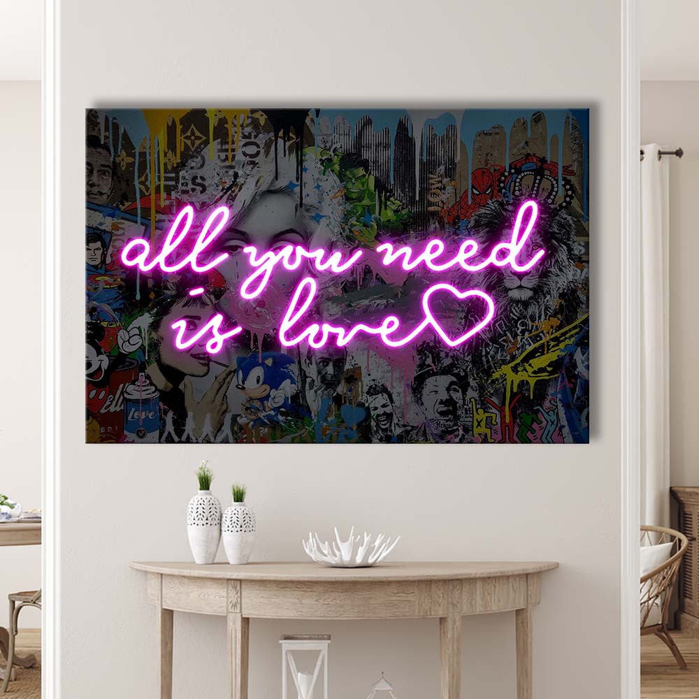 All You Need Is Love Graffiti Art Print, Canvas Print Wall Art, Wall Decor, Neon Effect Art