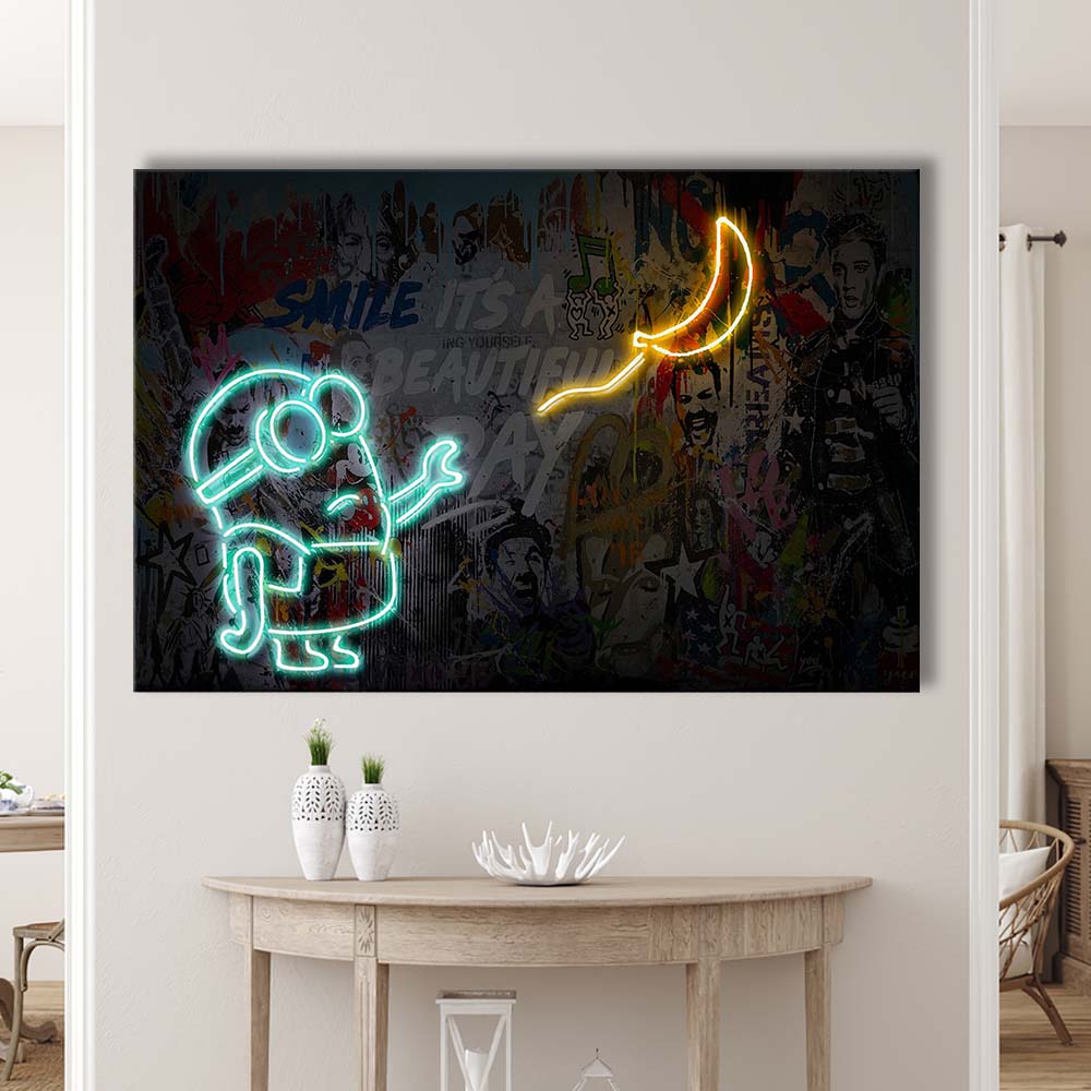 Banksy Minion Banana Art Print, Canvas Print Wall Art, Wall Decor, Neon Effect Art