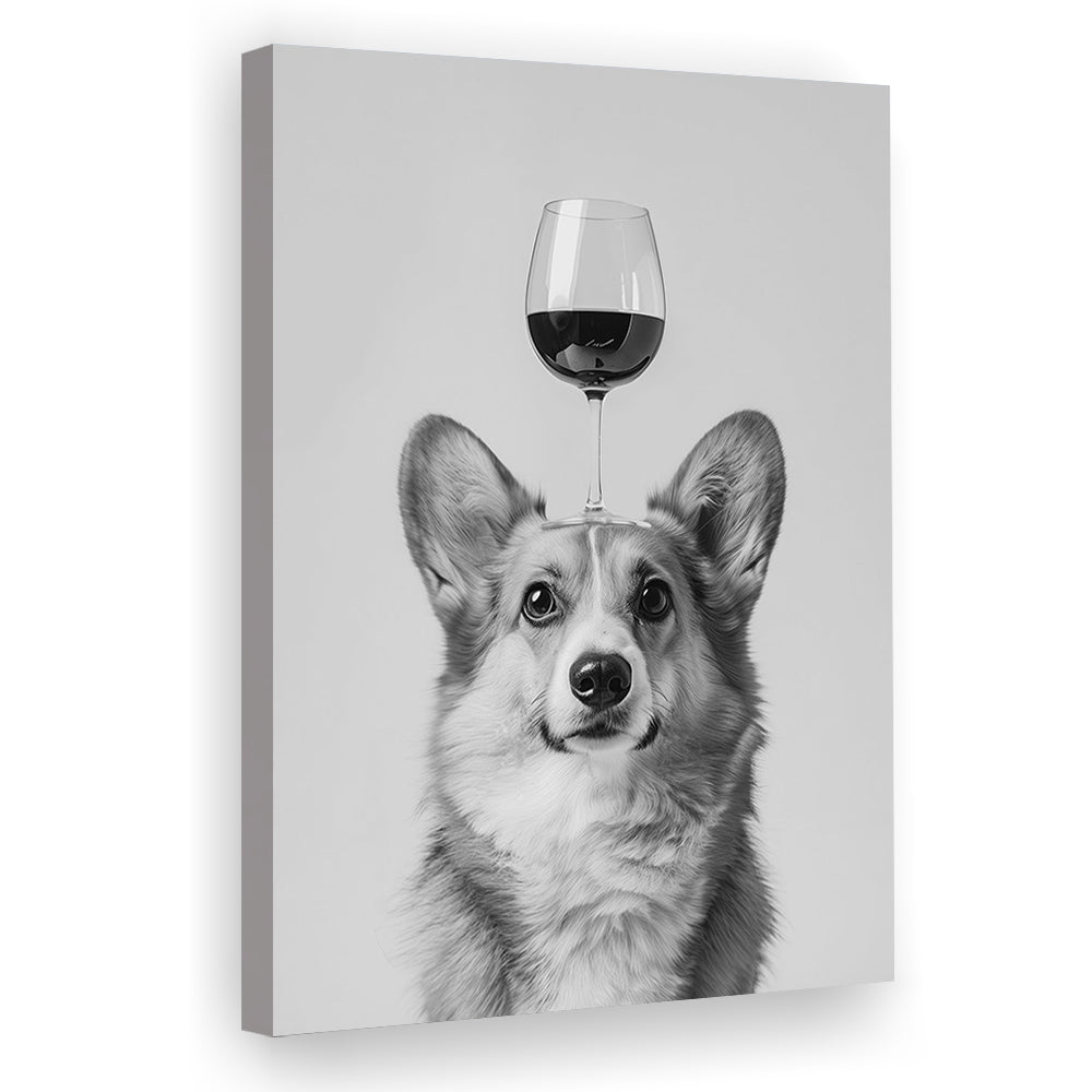 Corgi Balancing Wine On Head Canvas Print Wall Art, Black and White, W –  UnixGifts