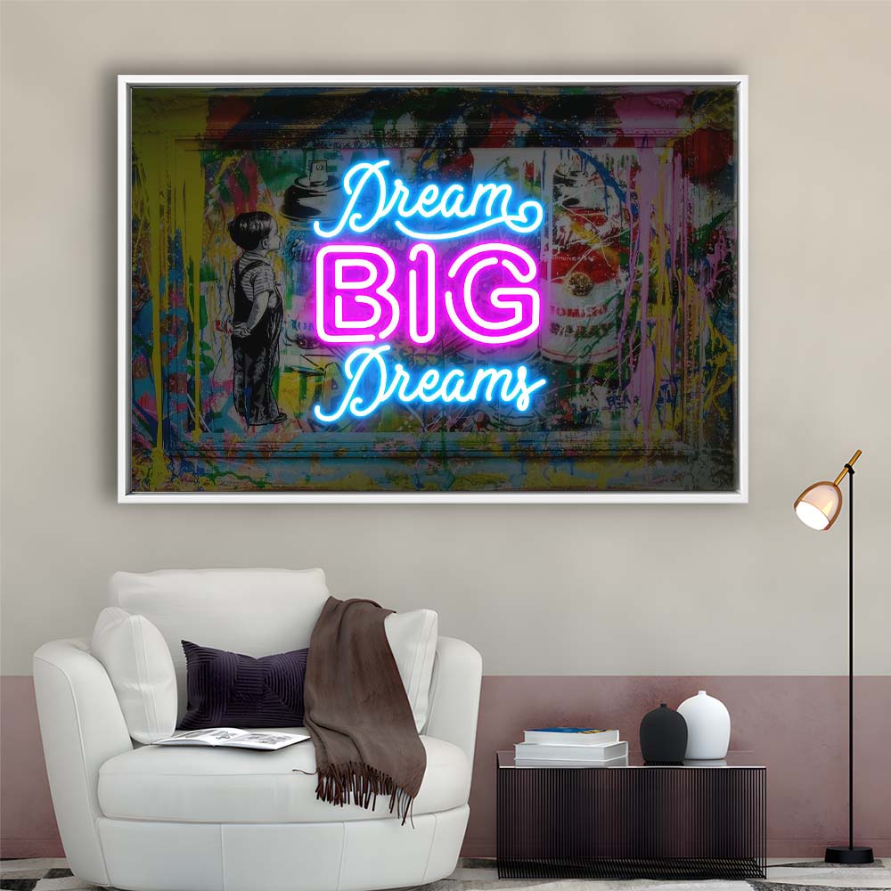 Dream Big Dreams Neon Signs Art Print, Framed Canvas Print Wall Art Decor, Floating Frame, Neon Effect Art