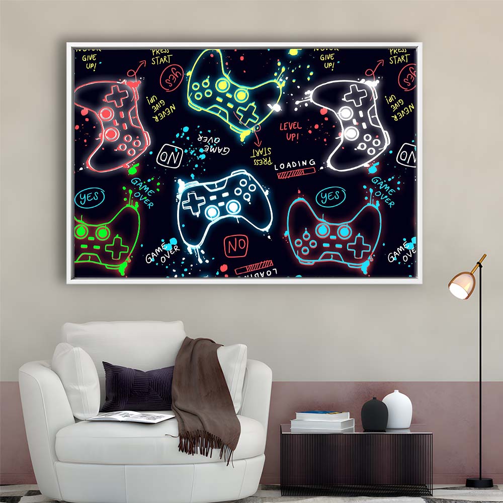 Game Over! Art Print, Game Room Decor Art, Framed Canvas Print Wall Art Decor, Floating Frame, Neon Effect Art