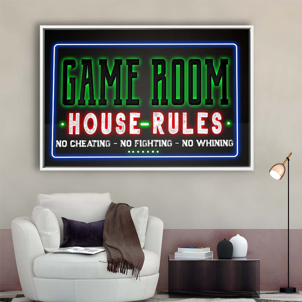 Game Room - House Rules Art Print, Framed Canvas Print Wall Art Decor, Floating Frame, Neon Effect Art