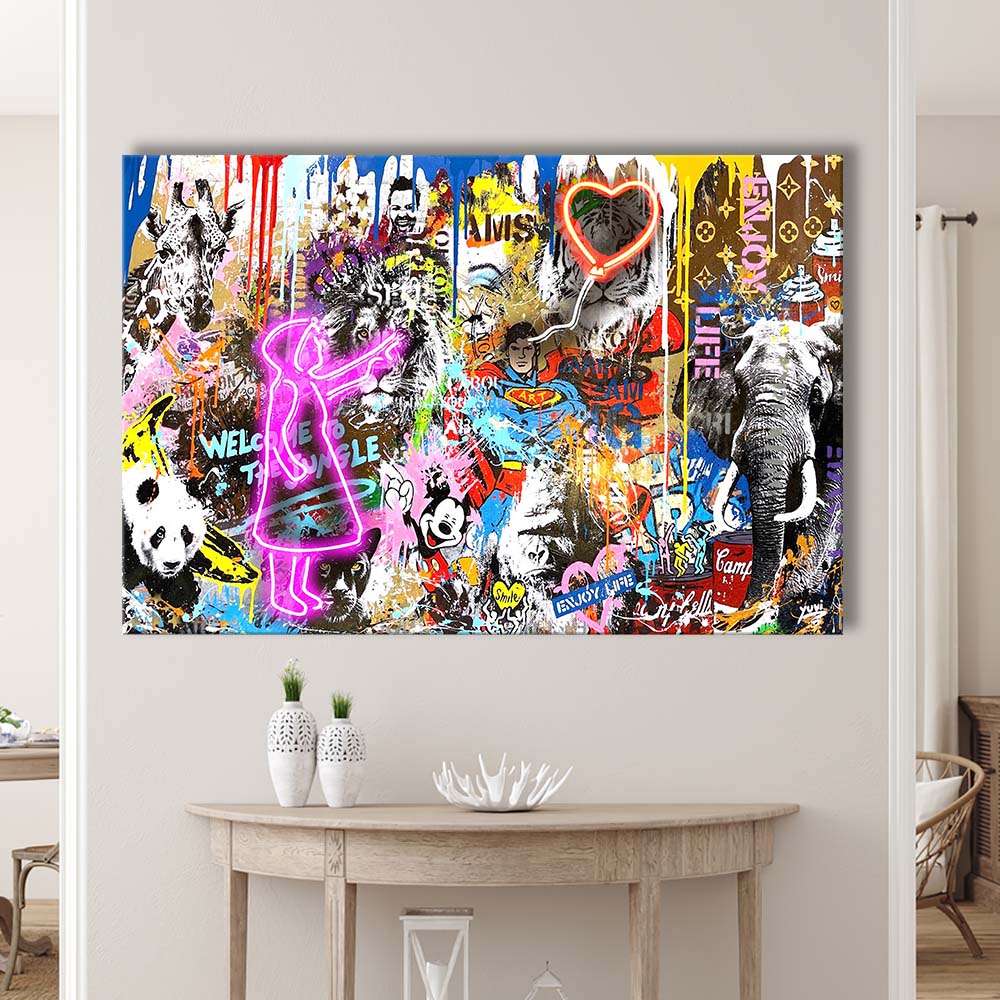 Girl With Balloon Graffiti Art Print, Canvas Print Wall Art, Wall Decor, Neon Effect Art