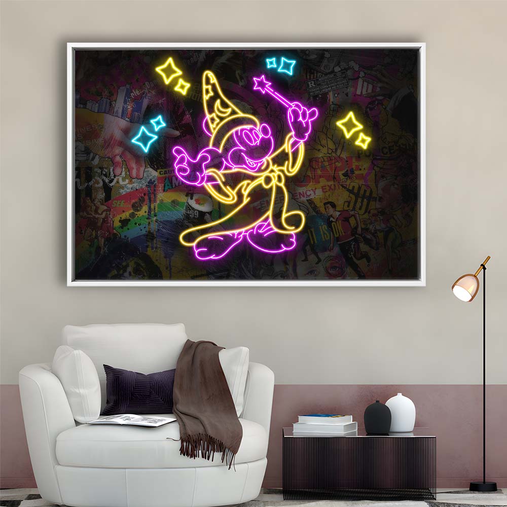 Mickey Magical Neon Signs Art Print, Framed Canvas Print Wall Art Decor, Floating Frame, Neon Effect Art