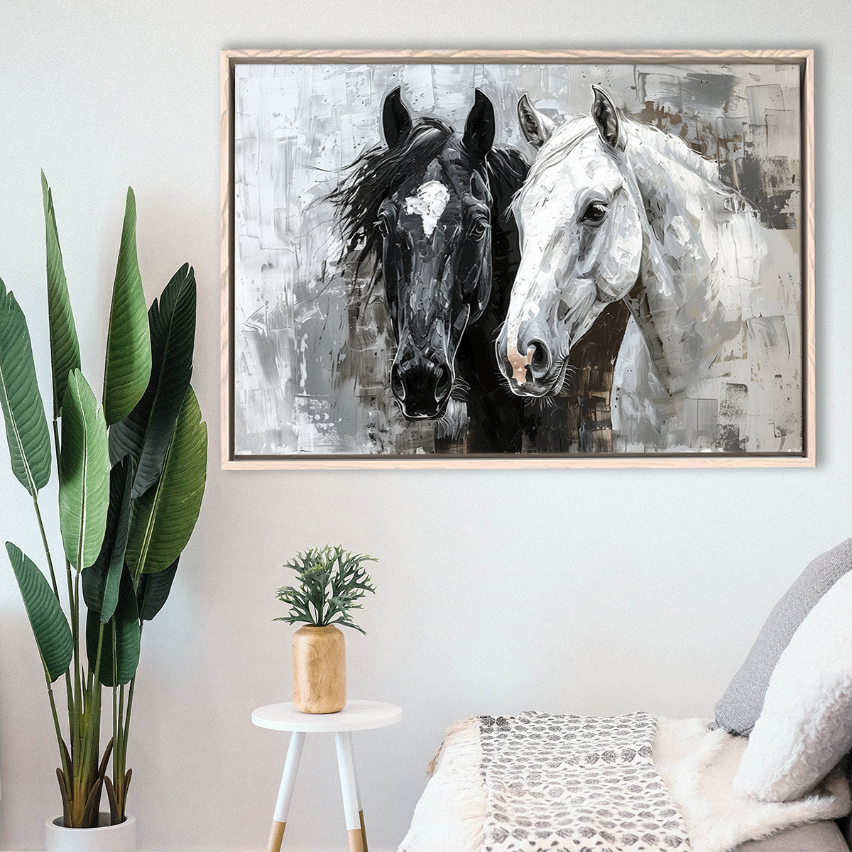 Oil Painting Couple Horse Portrait Black And White V2, Framed Canvas Painting, Framed Canvas Prints Wall Art Decor