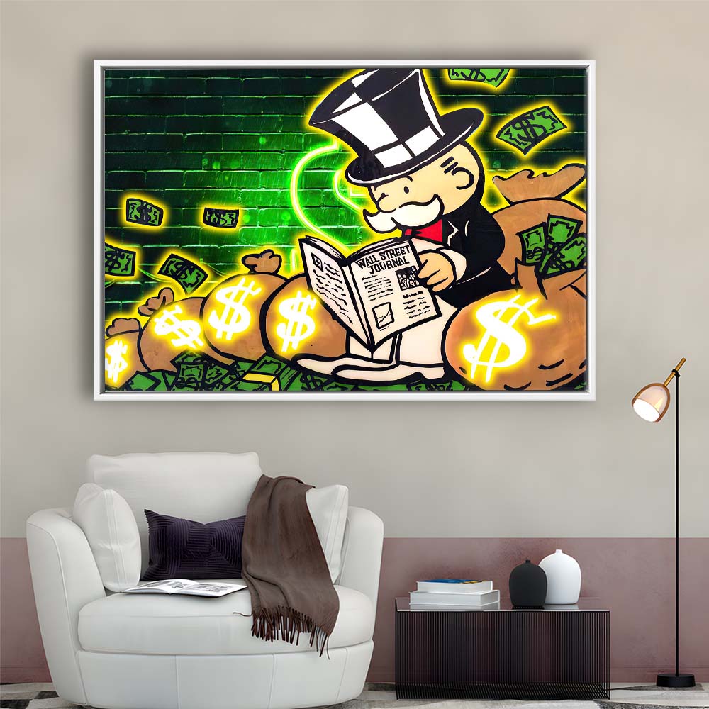 Rich Money Man Canva, Framed Canvas Print Wall Art Decor, Floating Frame, Neon Effect Art