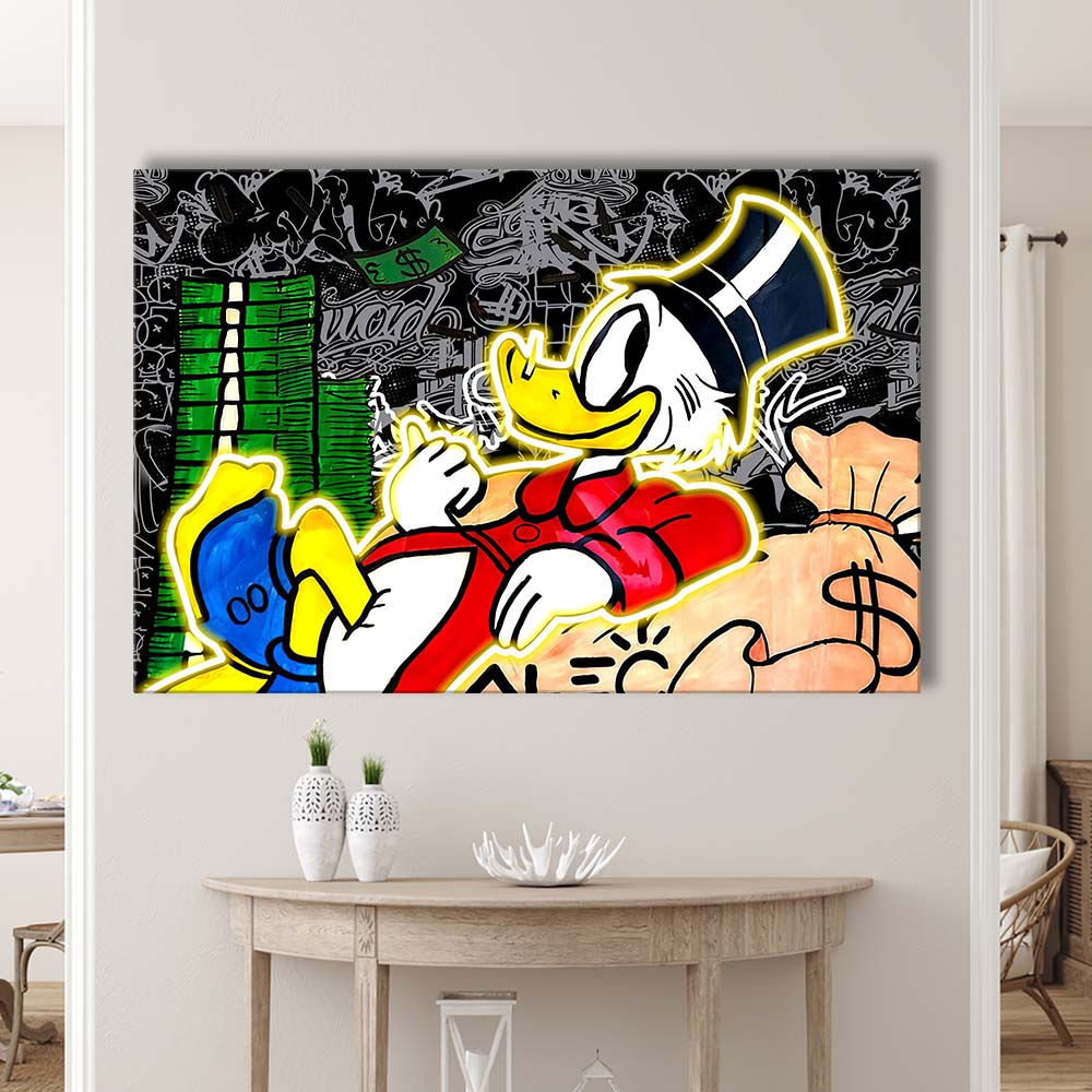 Scrooge Mcduck Sleeping On Money Art Print, Canvas Print Wall Art, Wall Decor, Neon Effect Art