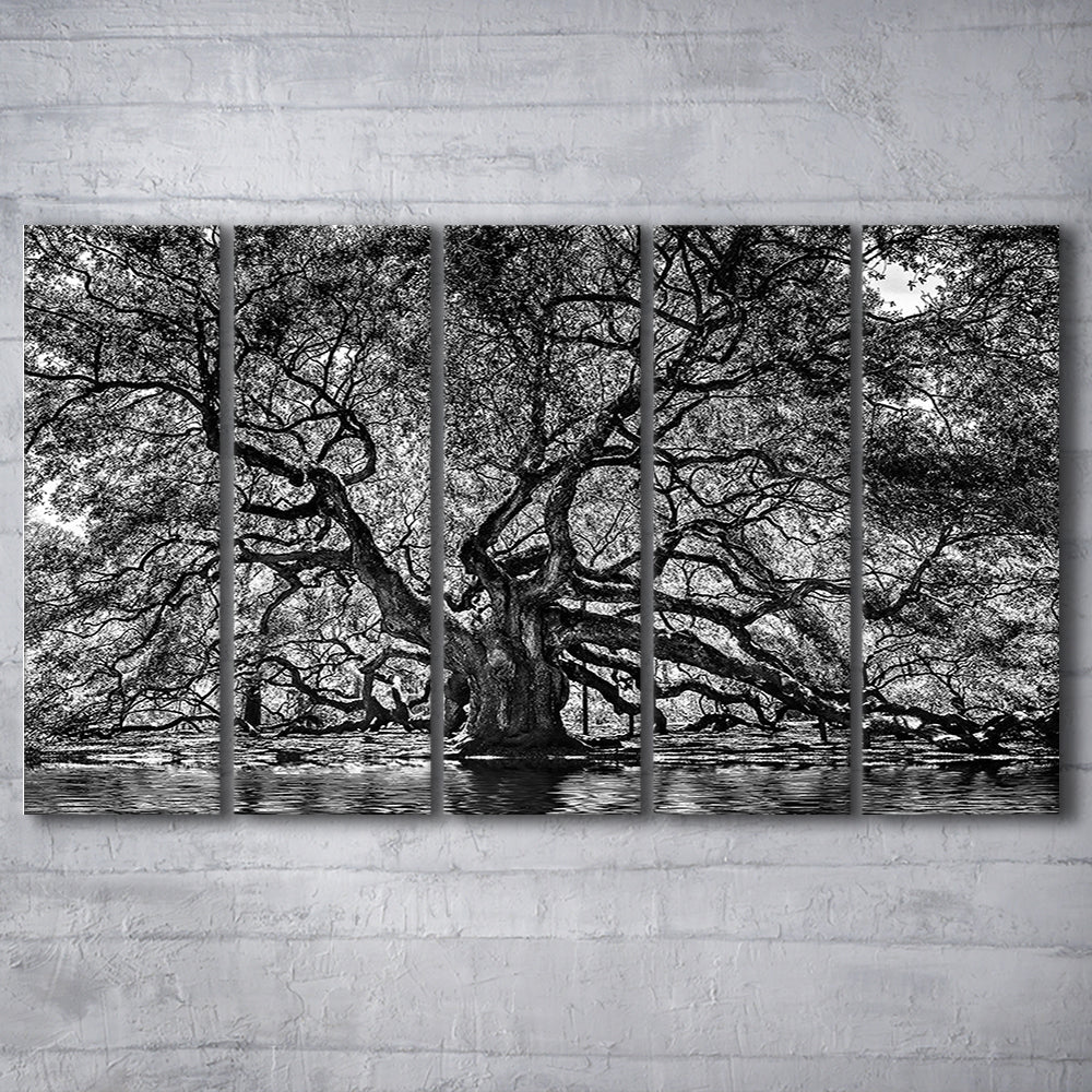 1000 Year Old Angel Oak Tree Canvas Print, Black and White Canvas, 5 Piece B Extra Large Cavas Print Wall Art Decor