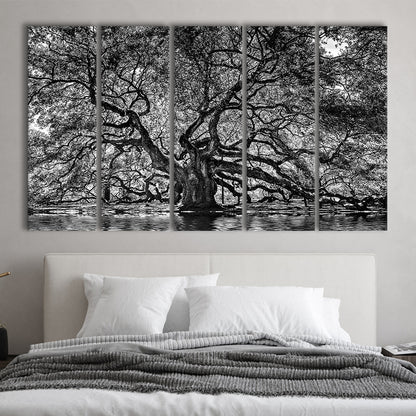 1000 Year Old Angel Oak Tree Canvas Print, Black and White Canvas, 5 Piece B Extra Large Cavas Print Wall Art Decor