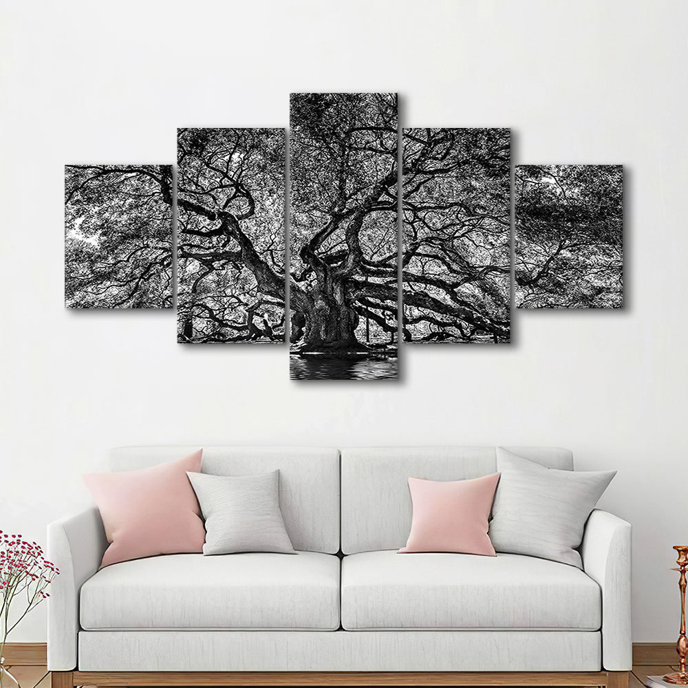 1000 Year Old Angel Oak Tree Canvas Print, Black and White Canvas, 5 Piece Large Cavas Print Wall Art