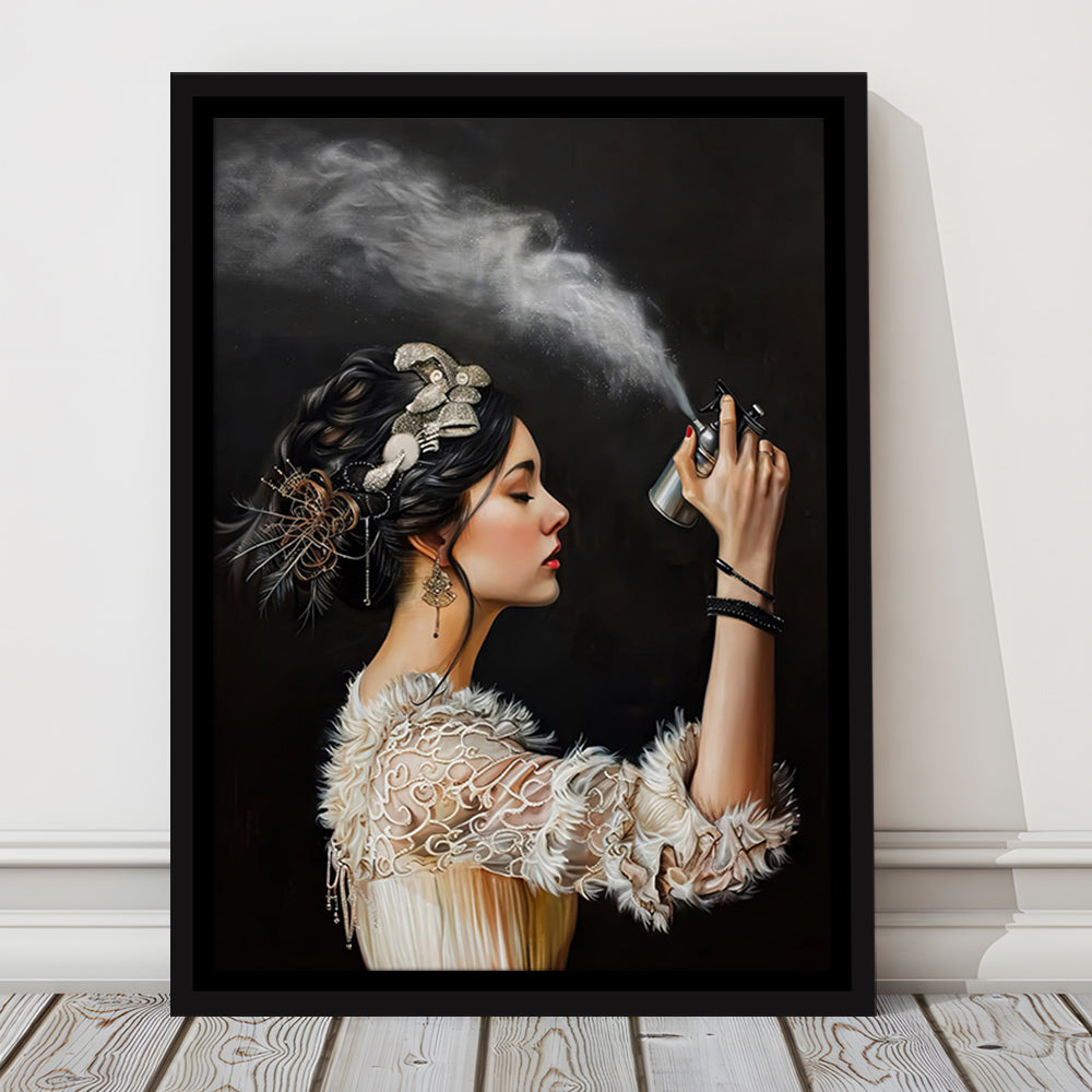 Stinky Bathroom Art Print Vintage Woman Funny Toilet Humor Amusing, Framed Canvas Print Wall Art, Floating Frame