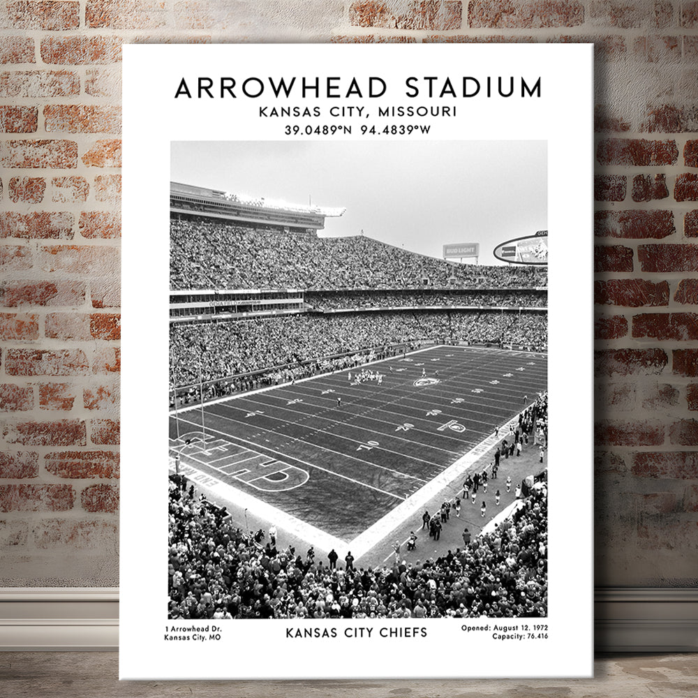 Arrowhead Stadium Black And White, Kansas City, American Wall Art, Canvas Prints Wall Art, Man Cave Decor