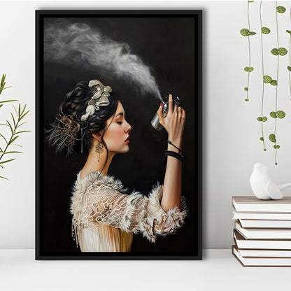 Stinky Bathroom Art Print Vintage Woman Funny Toilet Humor Amusing, Framed Canvas Print Wall Art, Floating Frame