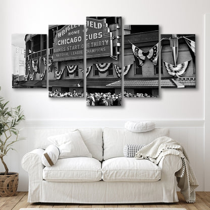 1945 Chicago Cubs, Black and White, Baseball Stadium Print, Vintage Print, Mixed 5 Pieces Canvas Print