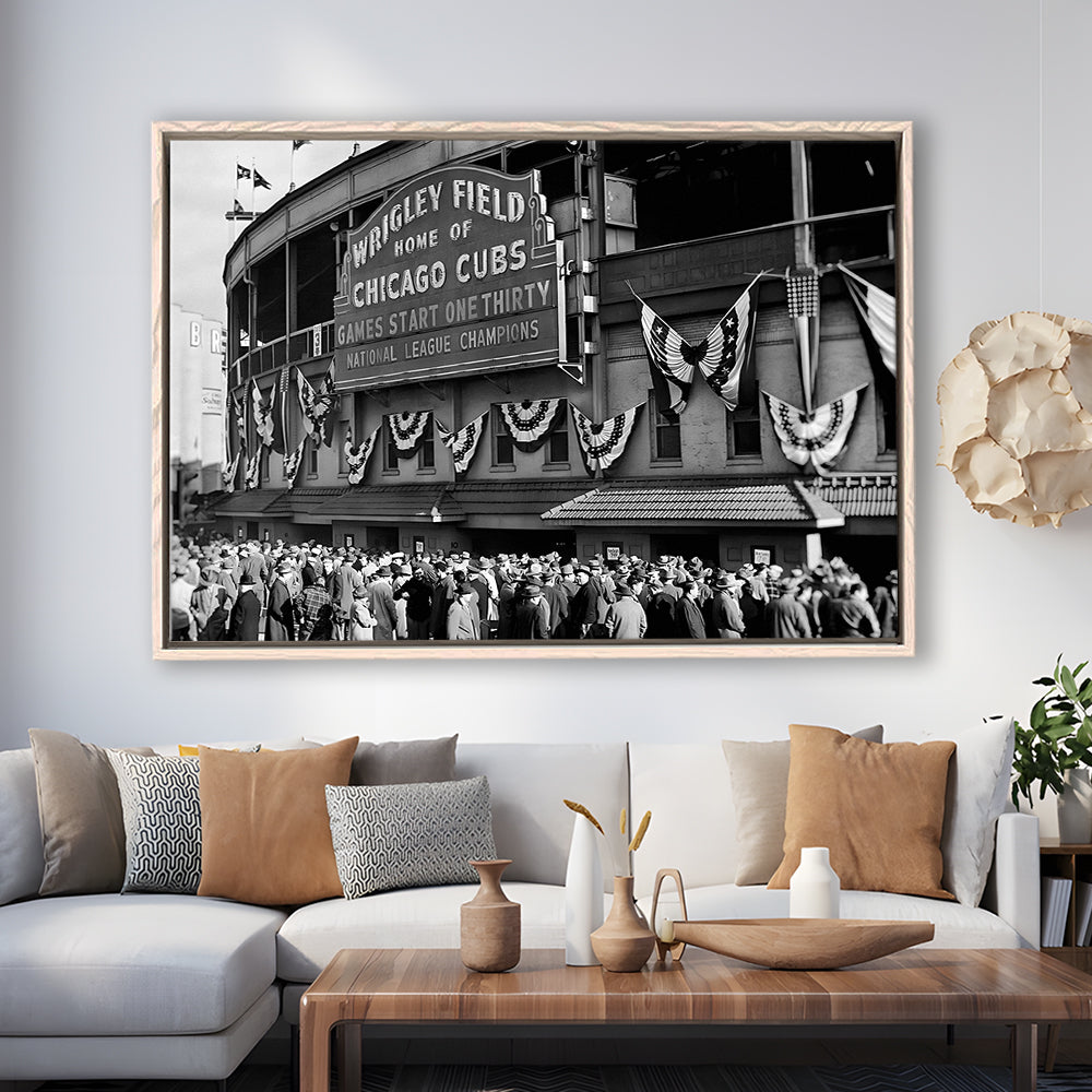 1945 Chicago Cubs, Black and White, Baseball Stadium Print, Vintage Print, Floating Framed Canvas Print