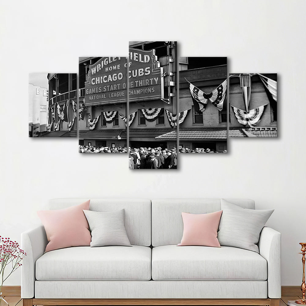 1945 Chicago Cubs, Black and White, Baseball Stadium Print, Vintage Print, Mixed 5 Pieces Canvas Print