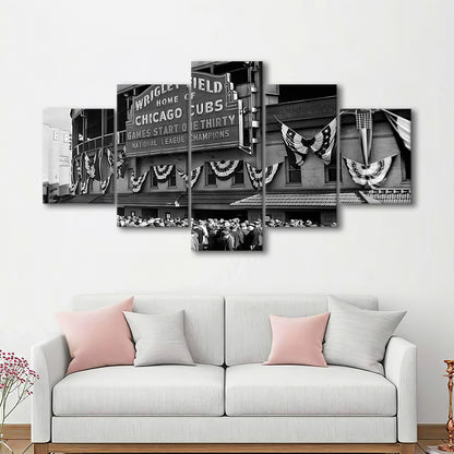 1945 Chicago Cubs, Black and White, Baseball Stadium Print, Vintage Print, Mixed 5 Pieces Canvas Print
