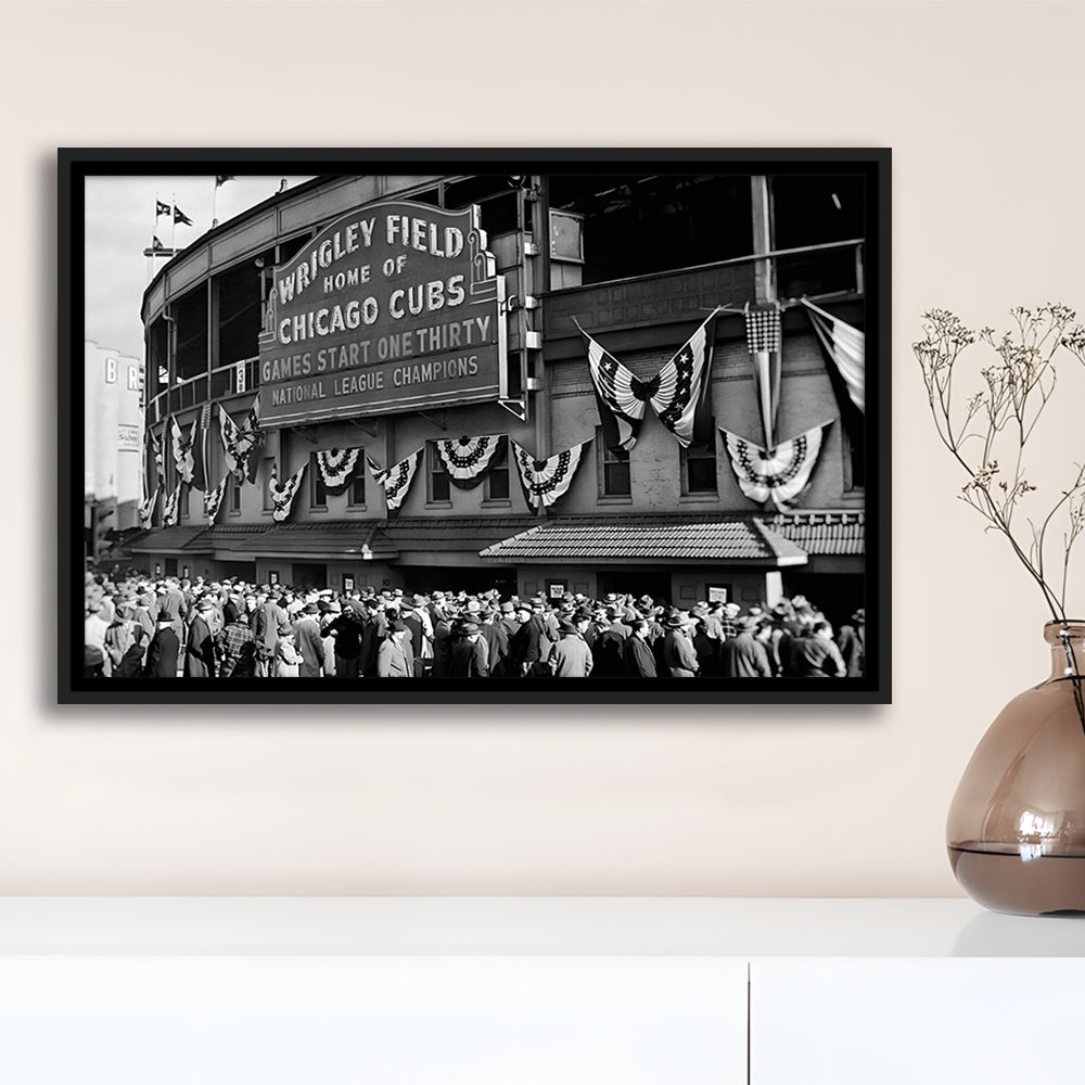 1945 Chicago Cubs, Black and White, Baseball Stadium Print, Vintage Print, Floating Framed Canvas Print