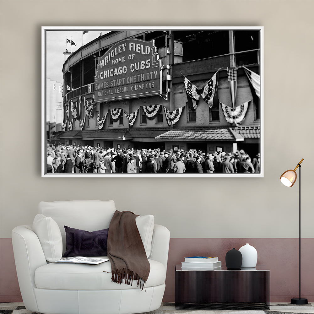 1945 Chicago Cubs, Black and White, Baseball Stadium Print, Vintage Print, Floating Framed Canvas Print