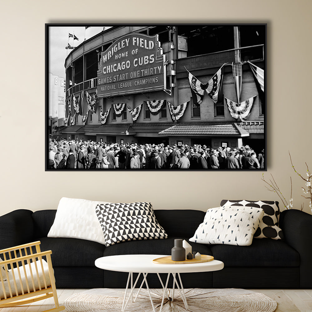 1945 Chicago Cubs, Black and White, Baseball Stadium Print, Vintage Print, Floating Framed Canvas Print