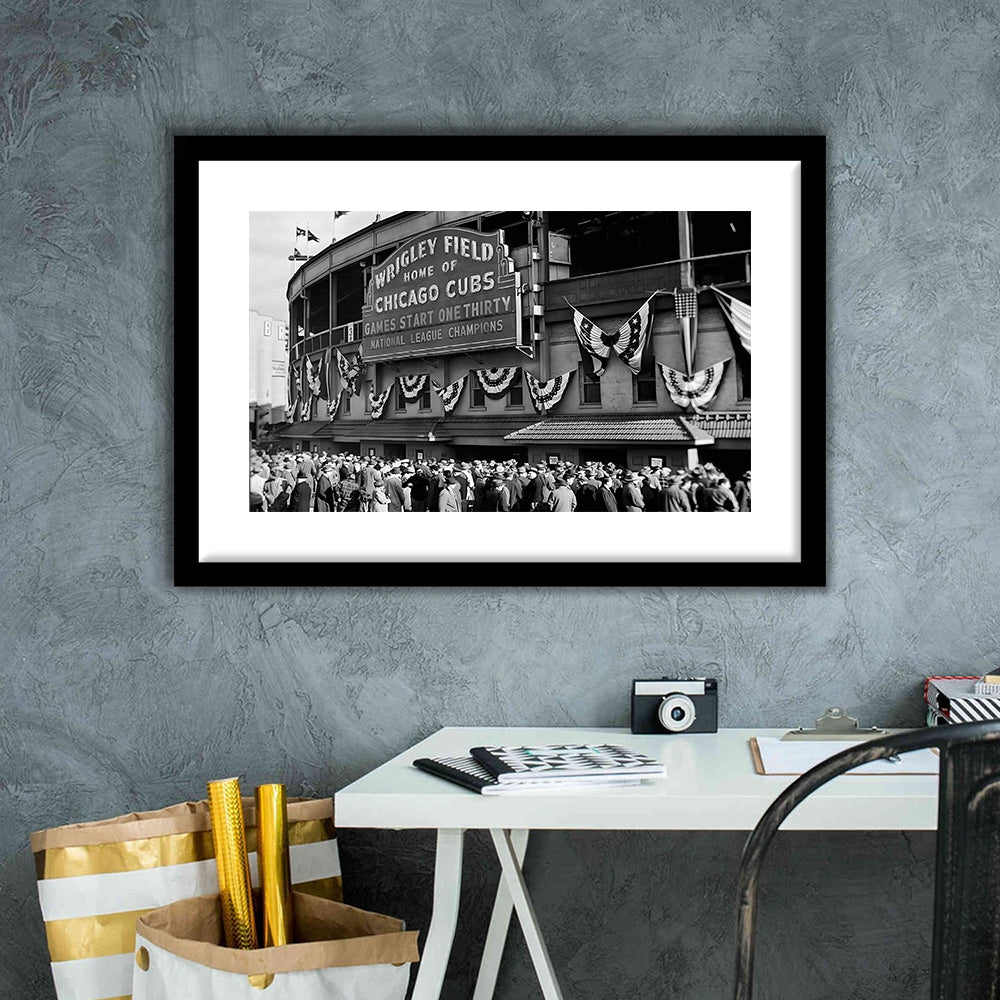 1945 Chicago Cubs, Black and White, Baseball Stadium Print, Vintage Print, Framed Art Print White Border Wall Decor