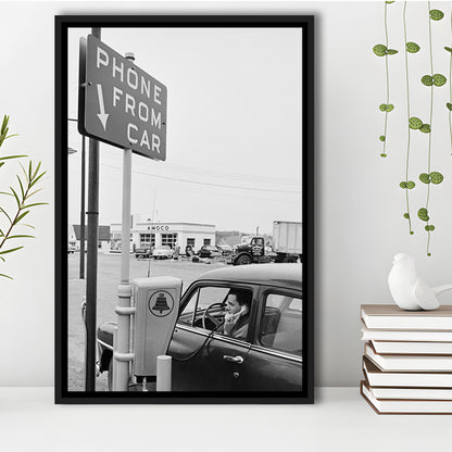 1950s Drive-In Telephone Black and White Art Vintage Car Print, Floating Framed Canvas Print