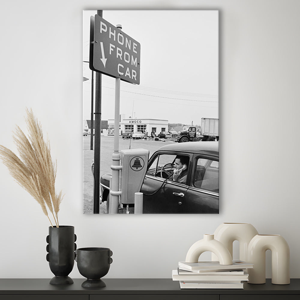 1950s Drive-In Telephone Black and White Art Vintage Car Print, Canvas Print Wall Art