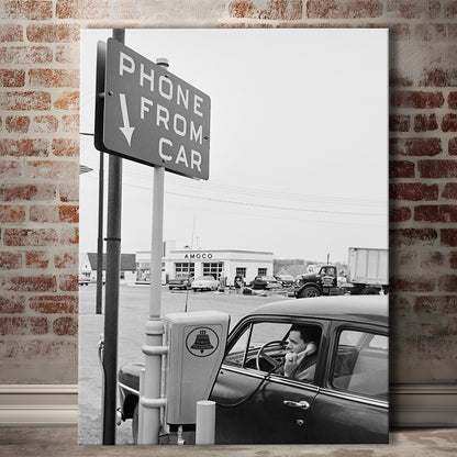1950s Drive-In Telephone Black and White Art Vintage Car Print, Canvas Print Wall Art