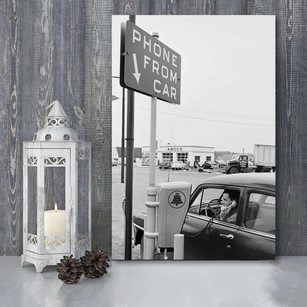 1950s Drive-In Telephone Black and White Art Vintage Car Print, Canvas Print Wall Art