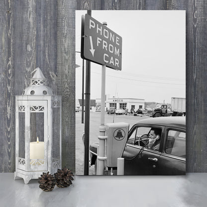 1950s Drive-In Telephone Black and White Art Vintage Car Print, Canvas Print Wall Art