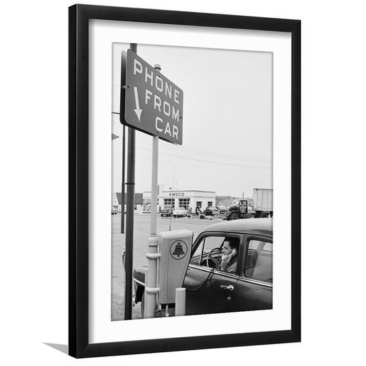 1950s Drive-In Telephone Black and White Art Vintage Car Print, Framed Art Print White Border Wall Decor