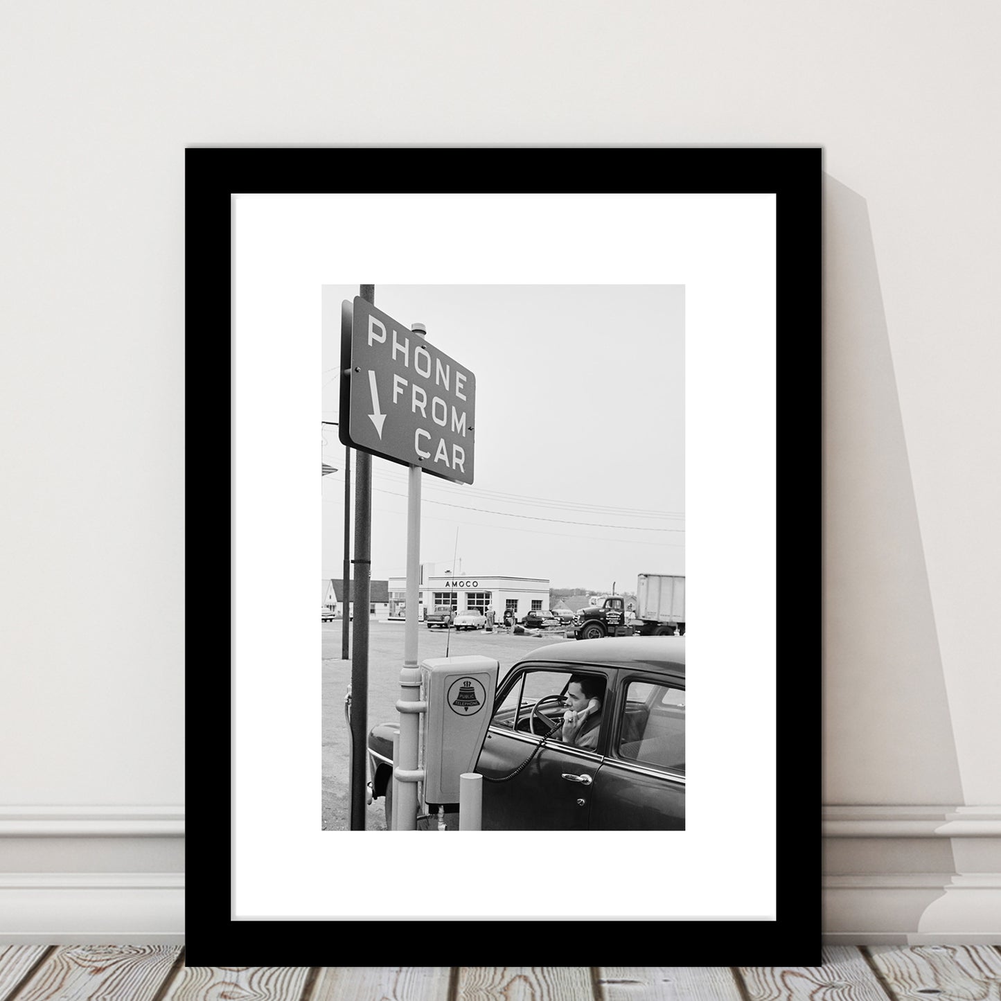 1950s Drive-In Telephone Black and White Art Vintage Car Print, Framed Art Print White Border Wall Decor