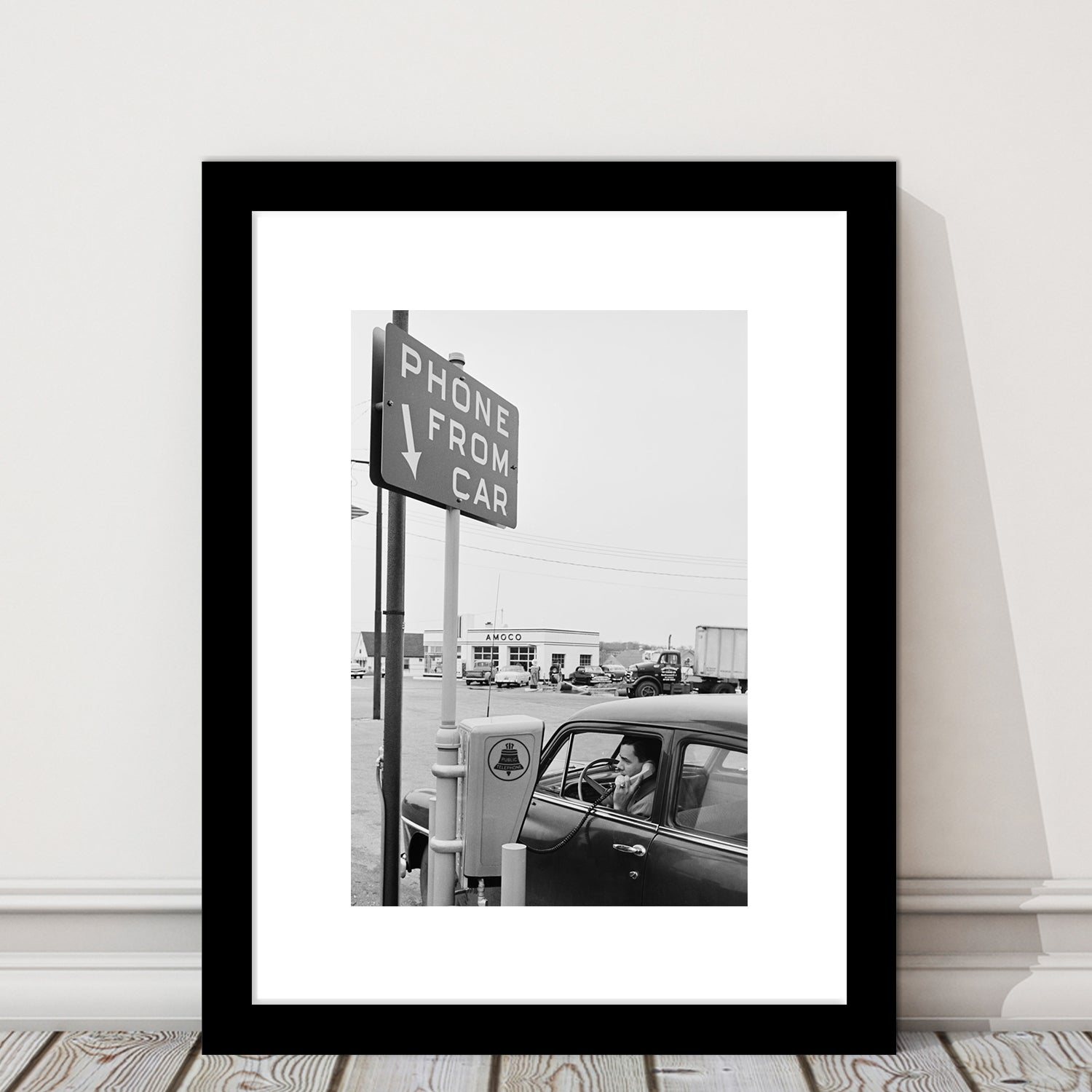 1950s Drive-In Telephone Black and White Art Vintage Car Print, Framed Art Print White Border Wall Decor
