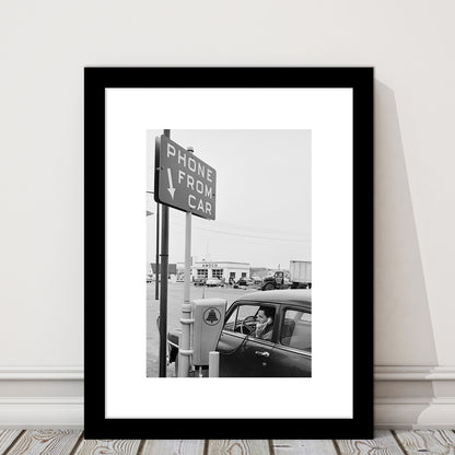1950s Drive-In Telephone Black and White Art Vintage Car Print, Framed Art Print White Border Wall Decor