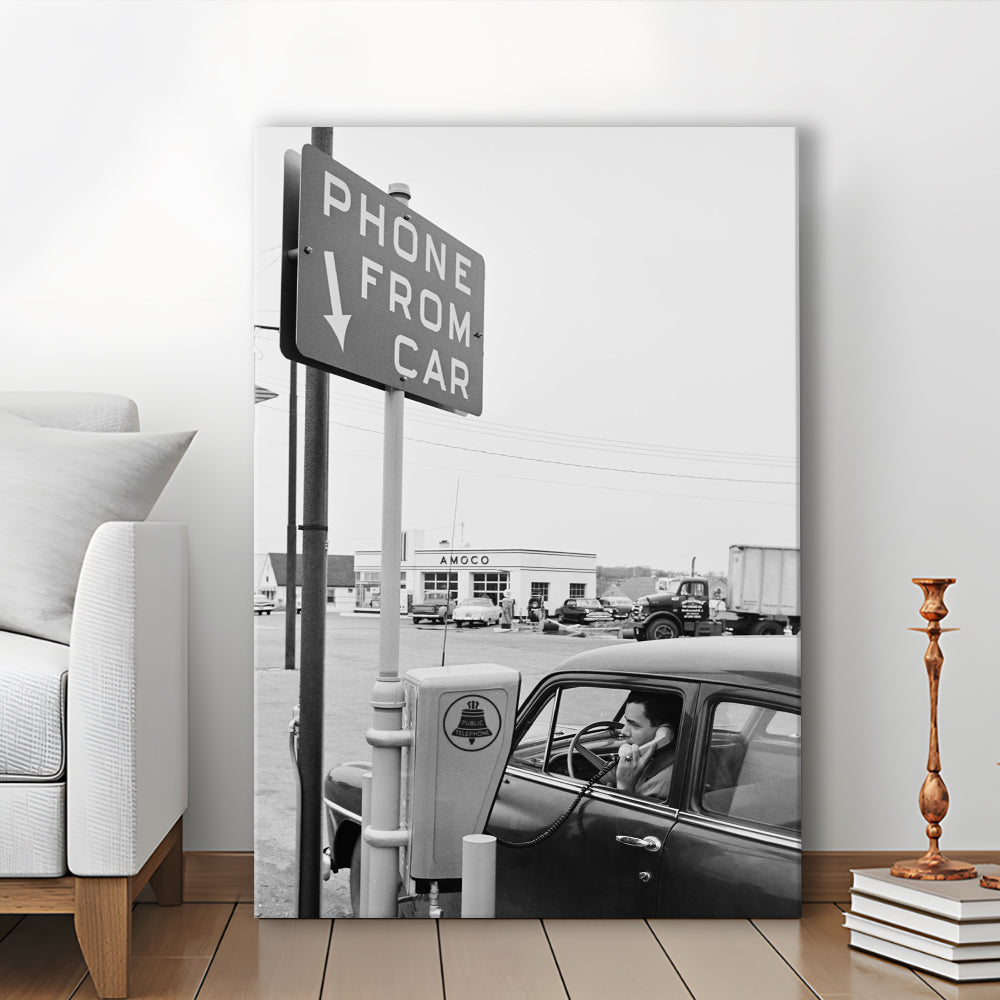 1950s Drive-In Telephone Black and White Art Vintage Car Print, Canvas Print Wall Art