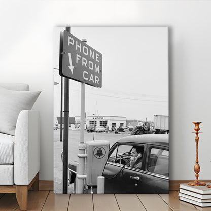 1950s Drive-In Telephone Black and White Art Vintage Car Print, Canvas Print Wall Art