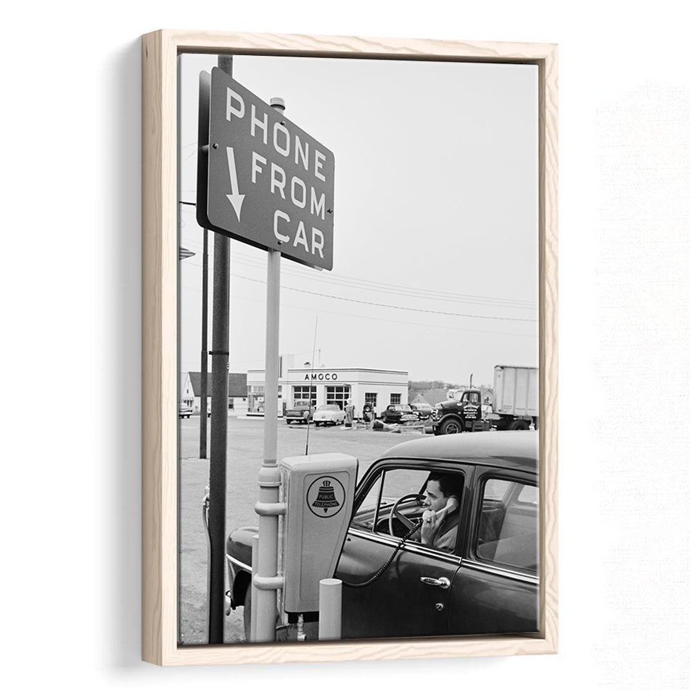 1950s Drive-In Telephone Black and White Art Vintage Car Print, Floating Framed Canvas Print