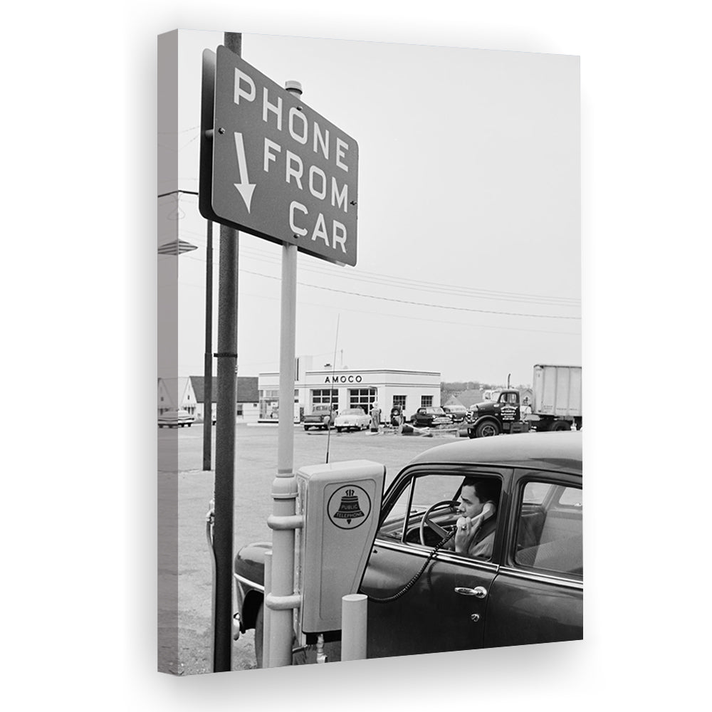 1950s Drive-In Telephone Black and White Art Vintage Car Print, Canvas Print Wall Art