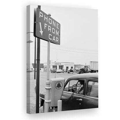 1950s Drive-In Telephone Black and White Art Vintage Car Print, Canvas Print Wall Art
