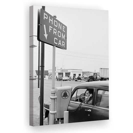 1950s Drive-In Telephone Black and White Art Vintage Car Print, Canvas Print Wall Art