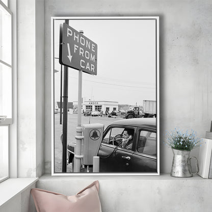1950s Drive-In Telephone Black and White Art Vintage Car Print, Floating Framed Canvas Print