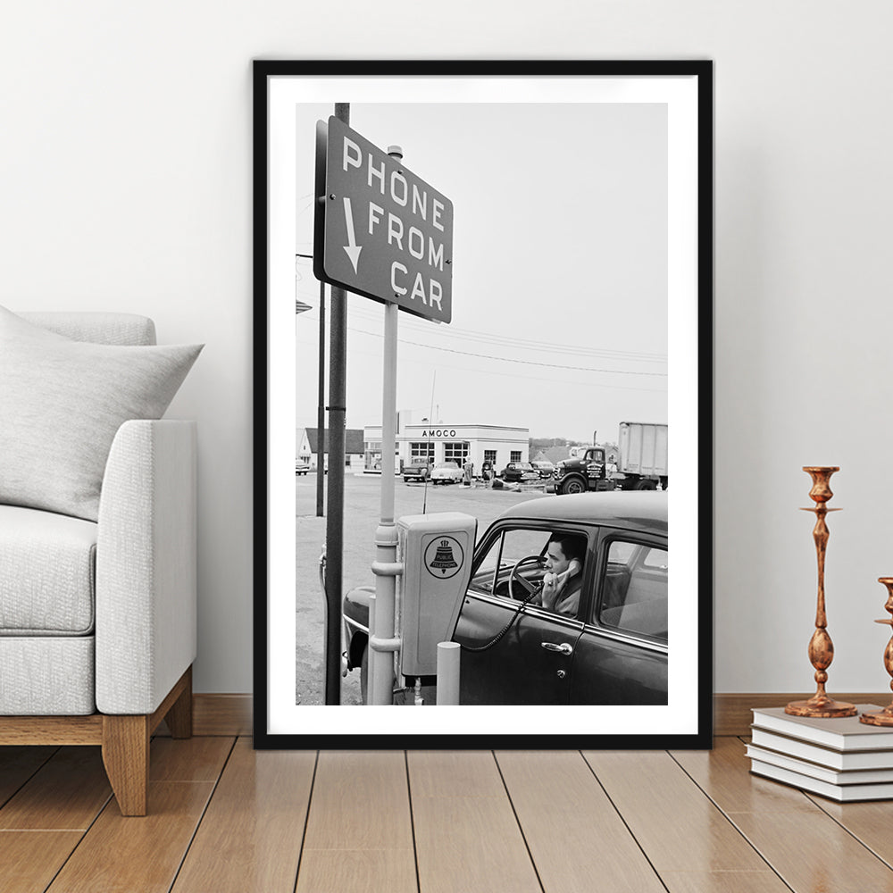 1950s Drive-In Telephone Black and White Art Vintage Car Print, Framed Art Print White Border Wall Decor