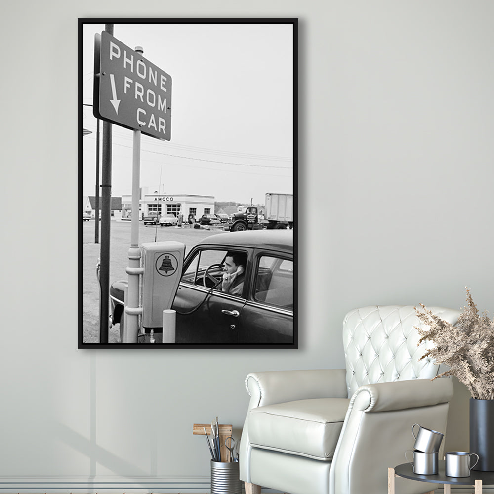 1950s Drive-In Telephone Black and White Art Vintage Car Print, Floating Framed Canvas Print
