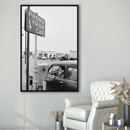 1950s Drive-In Telephone Black and White Art Vintage Car Print, Floating Framed Canvas Print