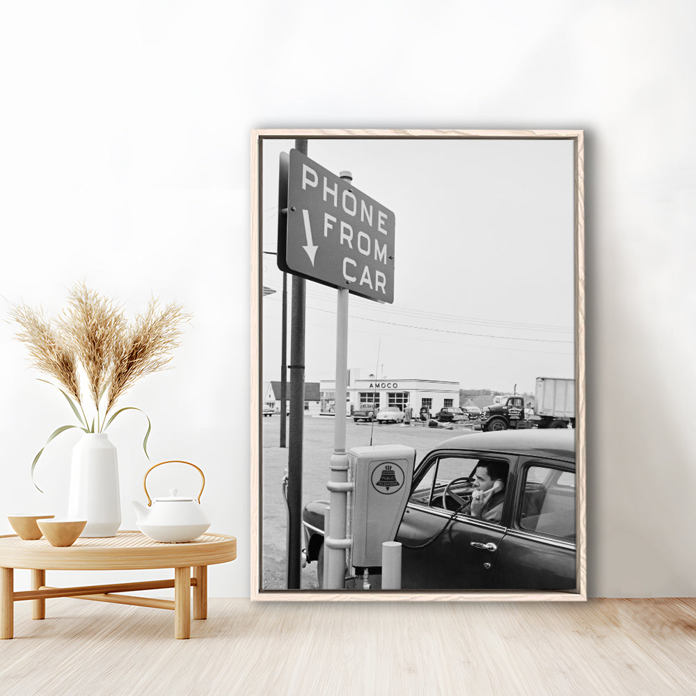 1950s Drive-In Telephone Black and White Art Vintage Car Print, Floating Framed Canvas Print