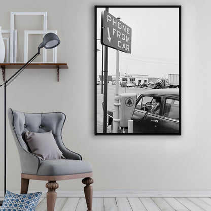 1950s Drive-In Telephone Black and White Art Vintage Car Print, Floating Framed Canvas Print