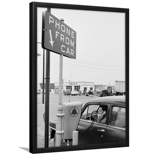 1950s Drive-In Telephone Black and White Art Vintage Car Print, Framed Art Print Wall Decor