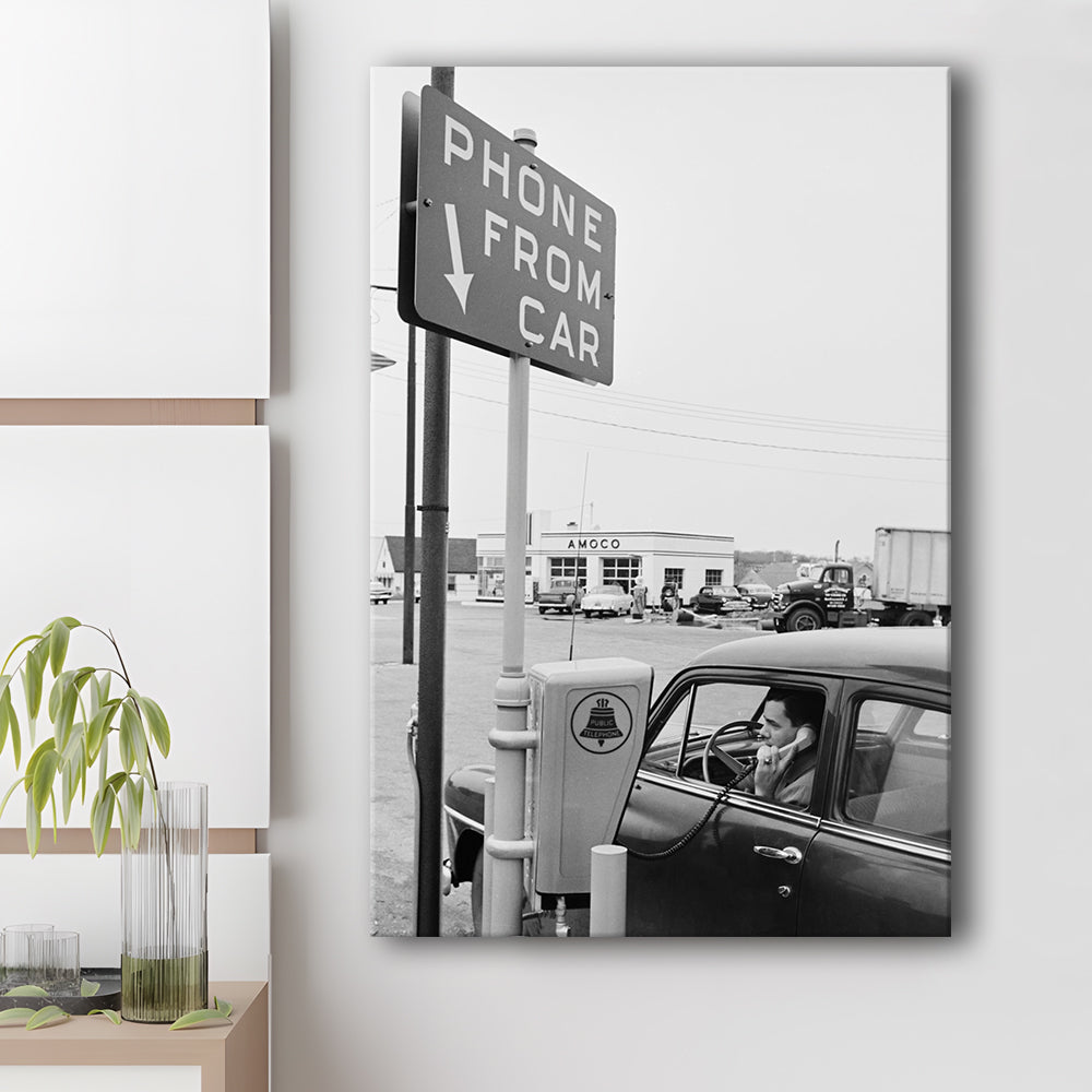 1950s Drive-In Telephone Black and White Art Vintage Car Print, Canvas Print Wall Art