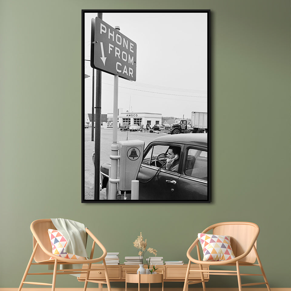 1950s Drive-In Telephone Black and White Art Vintage Car Print, Floating Framed Canvas Print